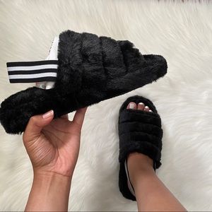 BLACK Furry Sling Back Slipper Sandal
